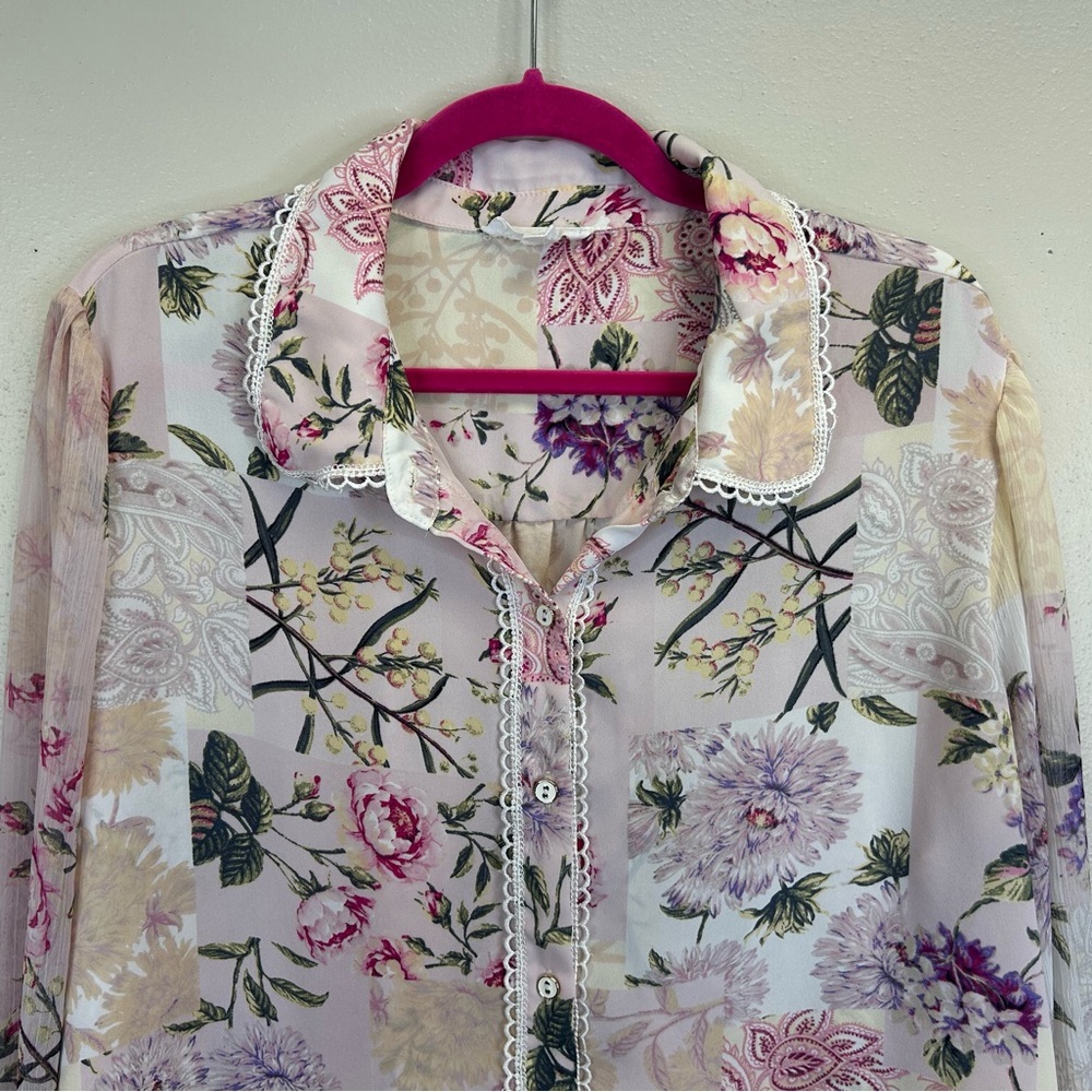 Cynthia Rowley 1X Floral Button-Up Blouse Pink Lilac Coquette Twee Vintage - Picture 2 of 12